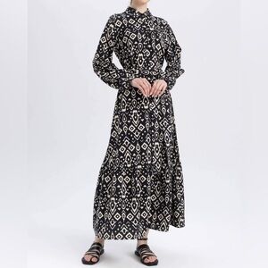 Modest Maxi Shirtdress Size 8 Long Sleeve Black White Print Tie Waist